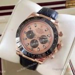 Fake Rolex Daytona Watch Black Leather Band Rose Gold